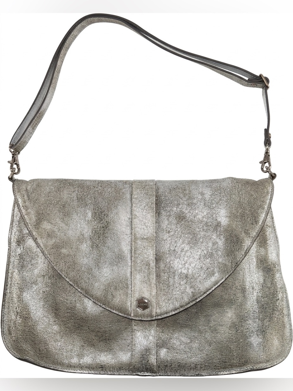 VTG Lodis Pewter Crackle Metallic Leather Envelope Shoulder Crossbody Clutch